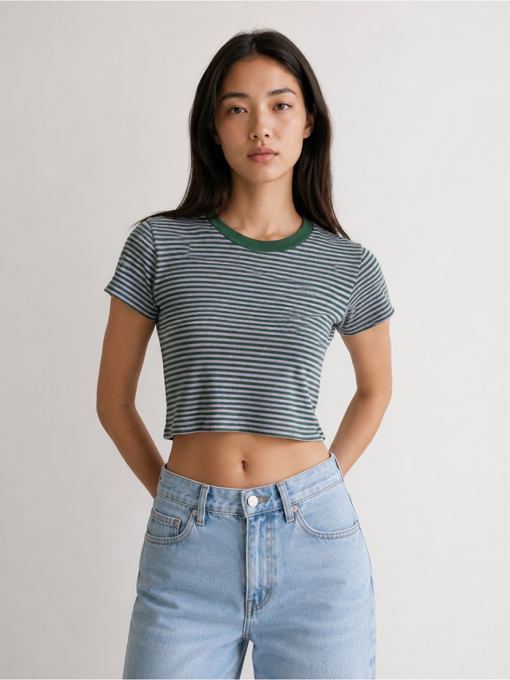 Aritzia TNA | Striped Cropped Ringer Tee | Green/Purple | S